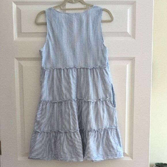 J.Crew Blue Striped Cotton Seersucker Ruffle Mini Dress Size 8 - Picture 9 of 12